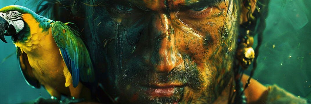 A close up film like view of a pirates scarred face parrot perched on the shoulder with the distant sparkle of treasure in the eyes