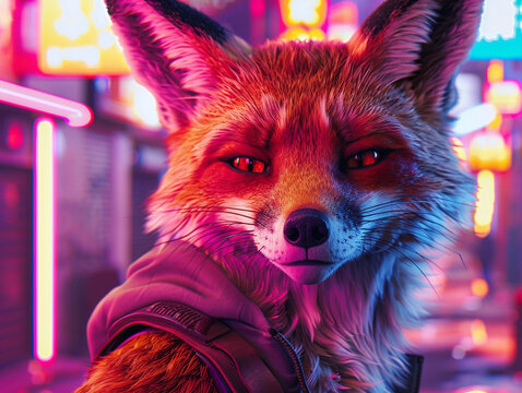A cunning fox embarks on a high tech adventure through neon lit streets of an 80s inspired cityscape cinematic atmosphere