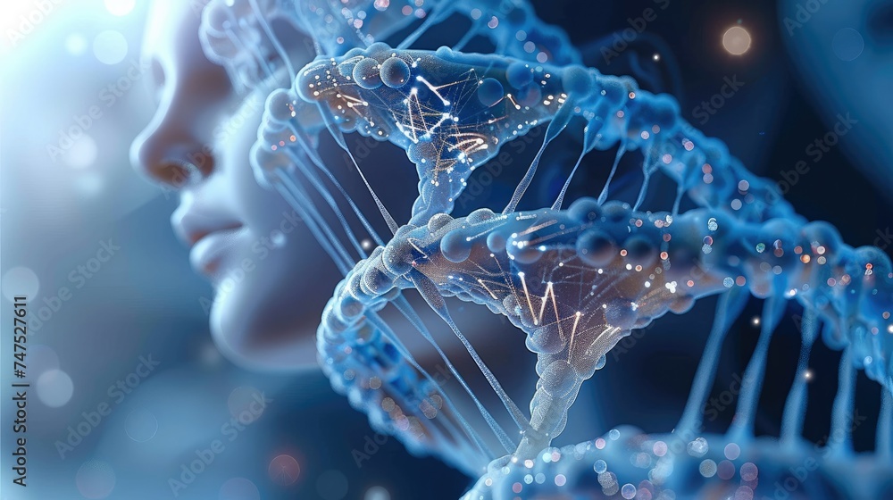 Poster Artificial intelligence AI in Healthcare. DNA double helix intertwined with digital AI elements, highlighting the role of AI in genetic research and personalized medicine. Generative AI.