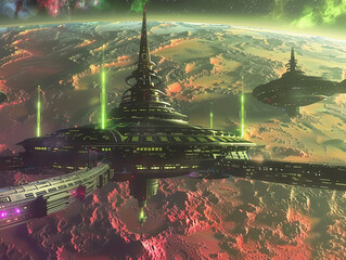 A high tech space station harnessing pulsating energy waves casting a futuristic glow over an alien landscape