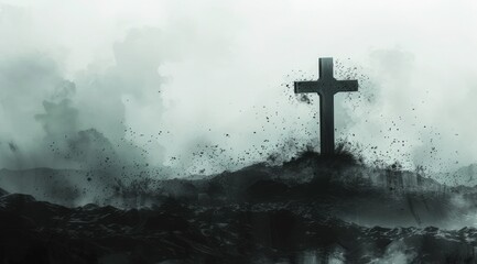 a black cross lies on a hill on the ground in a smoky fog