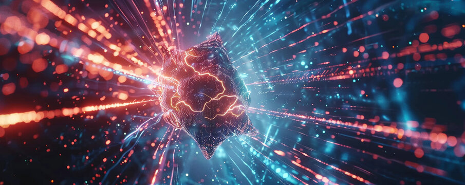 A high tech digital network under siege glowing lines of data ensnared by creeping cyber virus tendrils casting a dark shadow over cybersecurity