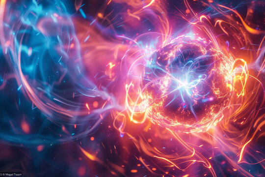 A hyper detailed visualization of fusion reactions occurring at the core of an energy sphere with plasma streams intertwining in a dance of atomic power