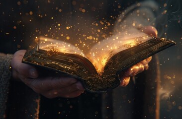 a person holding an open book in a dark background