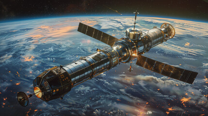 Fototapeta premium A sleek advanced satellite orbiting Earth capturing the glowing horizon where day meets night