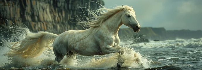 Foto op Plexiglas A stunning white flying horse its mane flowing against a backdrop of a surreal fantasy landscape depicted in a breathtaking cinematic photograph © Thanaphon