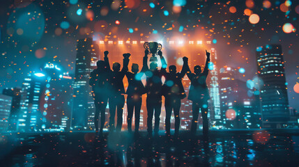 A victorious business team standing in a victory pose holding a trophy high above their heads symbolizing their corporate success under the glow of celebratory confetti