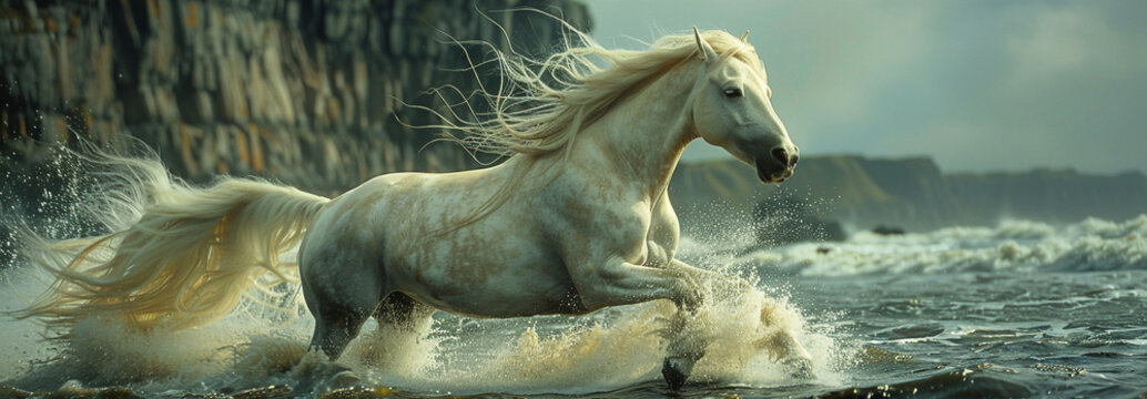 A stunning white flying horse its mane flowing against a backdrop of a surreal fantasy landscape depicted in a breathtaking cinematic photograph