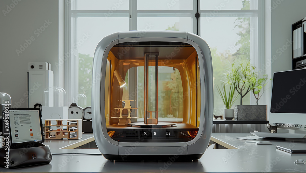 Poster a 3d printer on desk in the laboratory. generative ai.