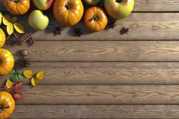 Obraz na płótnie Canvas Autumnal decorated table as background, wallpaper, greeting card | with pumpkin, apples, leaves, spices