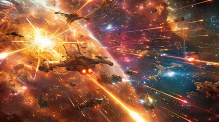 Epic space battle with starships and lasers vibrant nebulae backdrop high detail