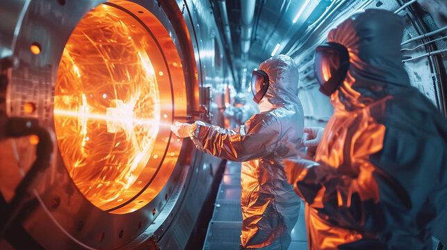 Engineers in advanced protective suits observing a nuclear fusion reaction bright and intense energy beams converging in the center