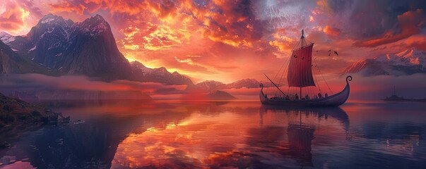 Majestic Viking longship sailing at sunset fiery skies reflecting on calm waters crew poised