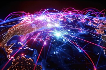 Vibrant technology network digital connections spanning a global map