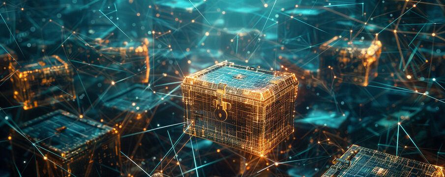 Mysterious digital chests overflowing with cyber gold and data gems hidden in a network labyrinth awaiting discovery