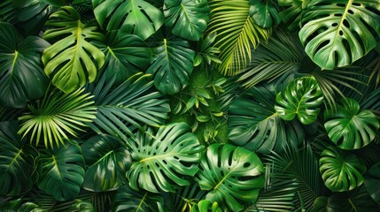 Abstract background of green palm leaves, flat lay