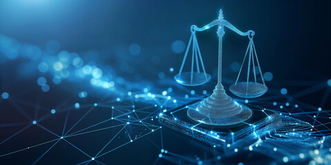 Futuristic justice with technology data background, scales of justice on blue background - obrazy, fototapety, plakaty