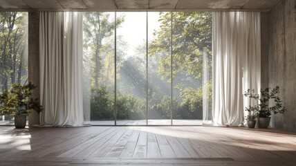 Fototapeta premium a spacious and bright room with a floor perspective, featuring an open large window adorned with curtains, inviting natural light to fill the space.