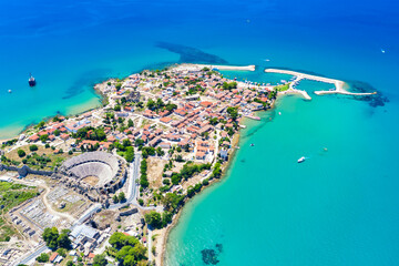 Aerial top drone view of ancient Side town with amphitheater, Antalya Province in Turkey