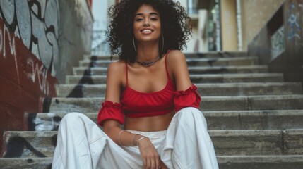 Naklejka premium Radiant young woman with curly hair in off-shoulder top seated on stairs.