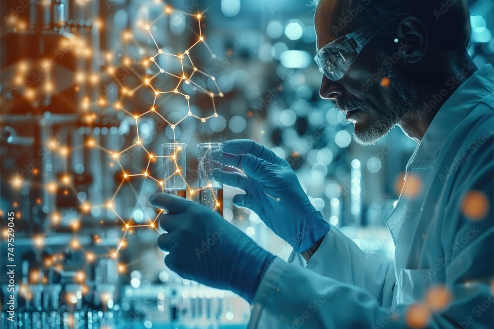 Poster A scientist touching molecule structure. Generative AI.