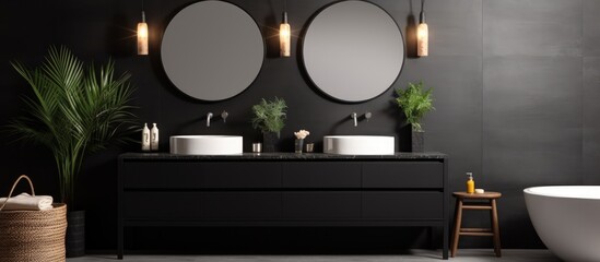 This image shows a modern bathroom featuring two sinks, a tub, and three mirrors. The design is sleek and functional, with clean lines and a contemporary aesthetic.