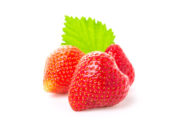 Strawberry with green leaf isolated on white background