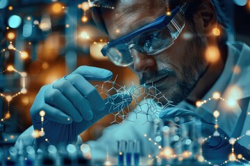 A scientist touching molecule structure. Generative AI.
