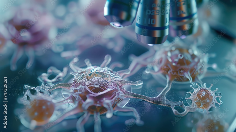 Poster Close up of cells. health science. virus in the microscope. Generative AI.