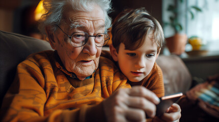 A boy learns to his grandfather how to use the smartphone. - obrazy, fototapety, plakaty