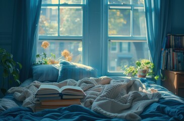 a bed with some books, blanket and booklight by a window