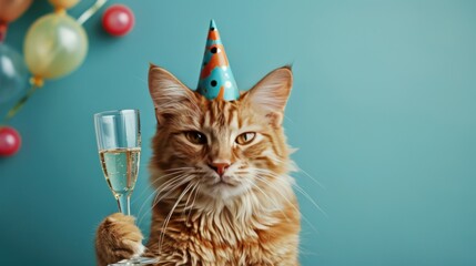 Celebratory Cat with Champagne Glass and Party Hat