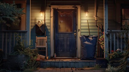 a simple, well-lit front porch featuring a navy blue fabric laundry bag, symbolizing cleanliness and organization in everyday life.