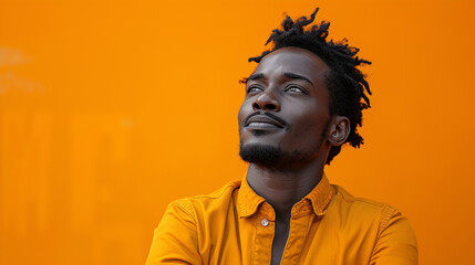 Portrait of a confused puzzled minded African American man in orange top isolated on orange background, - obrazy, fototapety, plakaty