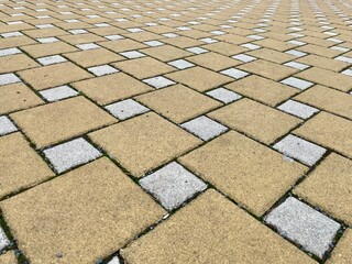 A detailed shot of a beige brick pavement with a diagonal pattern, showcasing the composite material and rectangle shape of the flooring