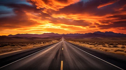 Rolgordijnen American road at sunset, USA route at evening, moody sky concept art © AdamantiumStock