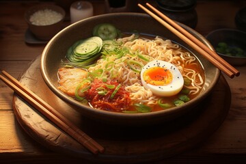 Highly detailed close-up photography of an exquisite ramen on a rustic plate against a pastel painted wood background. AI Generation