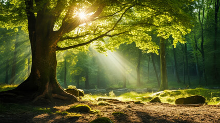 The forest trees are being illuminated by the rays of the morning sun filtering through the vibrant green leaves and branches