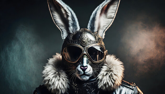 osterhase, hase, stahl, maske, ostern, brille, cyber, cyborg, roboter, silber, grau, metallisch, close up, bizarre, surreal, kost&uuml;m, mantel, fell, jacke, copy space, konzept, reklame, champagne, neu