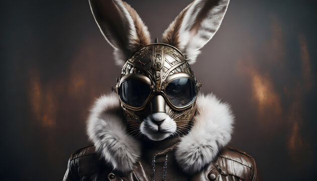 osterhase, hase, stahl, maske, ostern, brille, cyber, cyborg, roboter, silber, grau, metallisch, close up, bizarre, surreal, kost&uuml;m, mantel, fell, jacke, copy space, konzept, reklame, champagne, neu