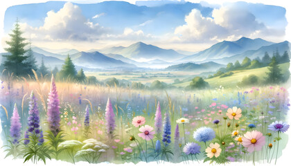 Beautiful spring landscape with colorful poppy flowers in mountains