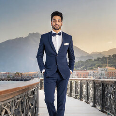 a young guy smiles in a dark blue classic suit, a blue bow tie, a white shirt stands on a bridge against the backdrop of mountains and the city landscape