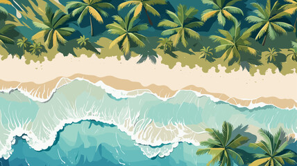 Fototapeta na wymiar Tropical Sea beach background, landscape with sand beach, sea water edge and palm trees aerial view. Colorful vector art illustration, banner, wallpaper.