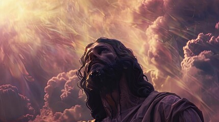 Jesus Christ looking up, warm sun rays shining through the clouds - obrazy, fototapety, plakaty