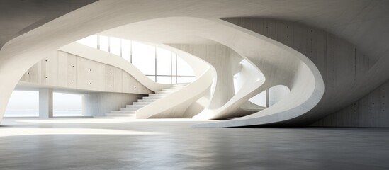 Obraz premium A grand white building with a very long staircase leading up to its entrance, showcasing an impressive architectural design with a modern and minimalistic aesthetic.