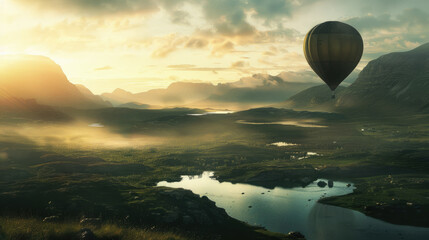 Hot air balloon over cinematic landscape, holiday travel and adventure transportation view