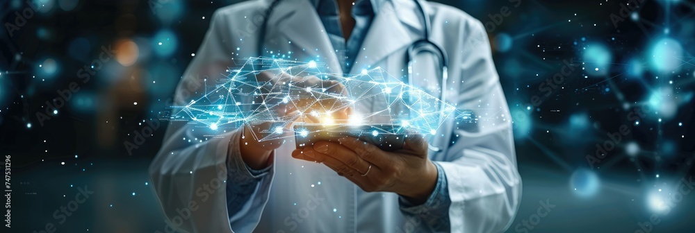 Aufkleber Doctor hold health icon. Digital healthcare and network connection on hologram virtual interface. digital healthcare and network. Generative AI.