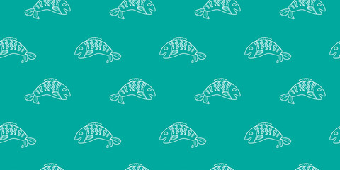 Seamless Pattern of Stylized White Fish on a Teal Background for Textile Design
