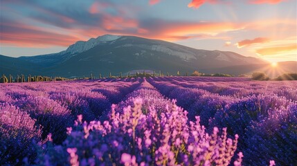 A blooming lavender flower field in sunny summer day. Generative AI. - obrazy, fototapety, plakaty
