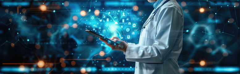 Doctor hold health icon. Digital healthcare and network connection on hologram virtual interface. digital healthcare and network. Generative AI.